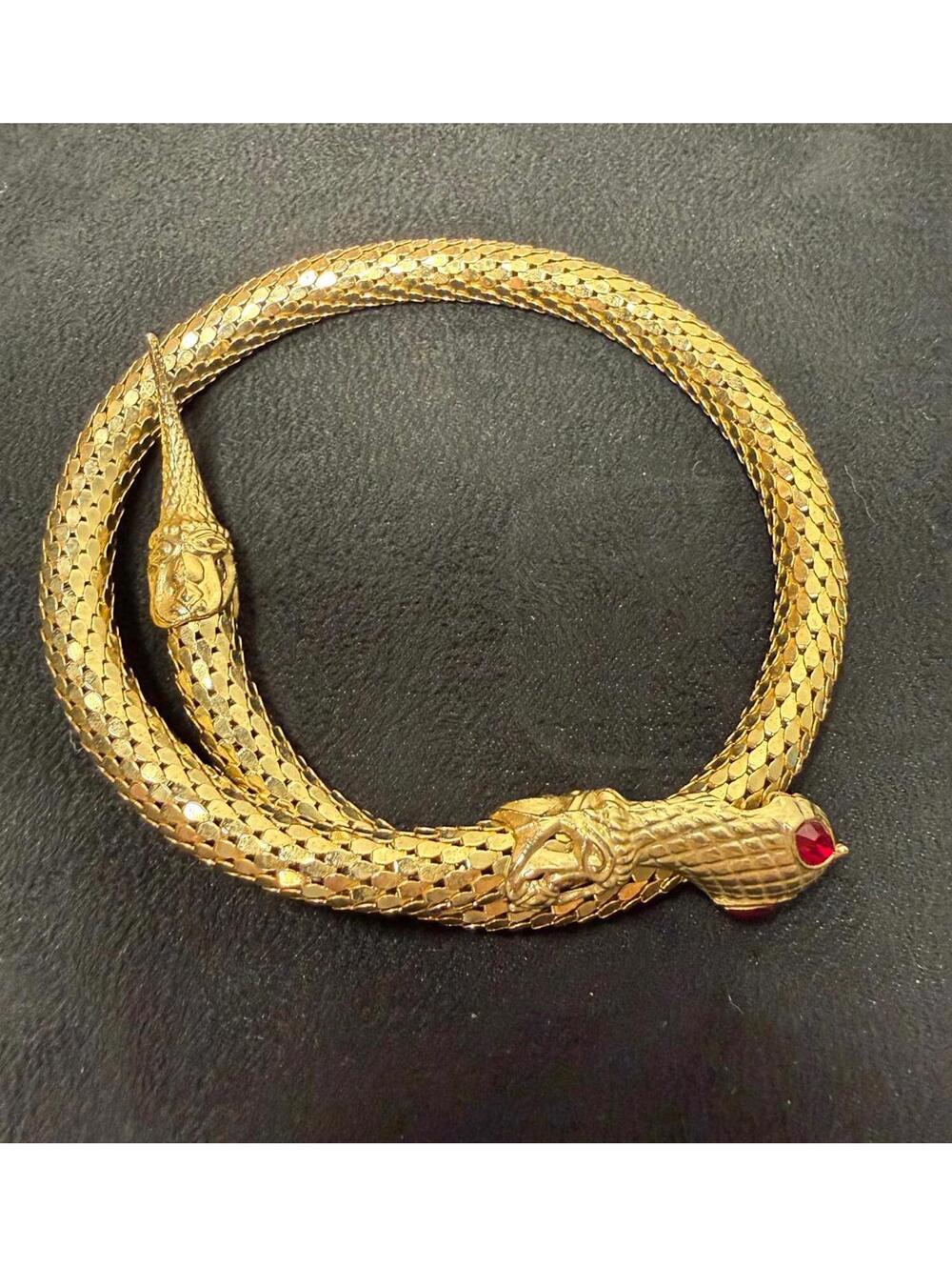 Vintage DL Auld Gold-Tone Mesh Snake Necklace, Red Rhinestone Eyes